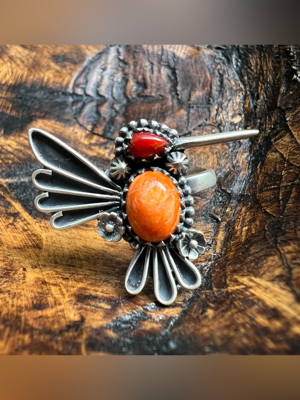 Sterling Silver Spiny Oyster Italian Red Coral Hummingbird Adjustable Ring